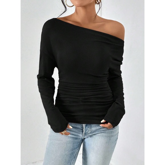TAN cold shoulder off the shoulder long sleeve Ruched Tee - Picture 3 of 5